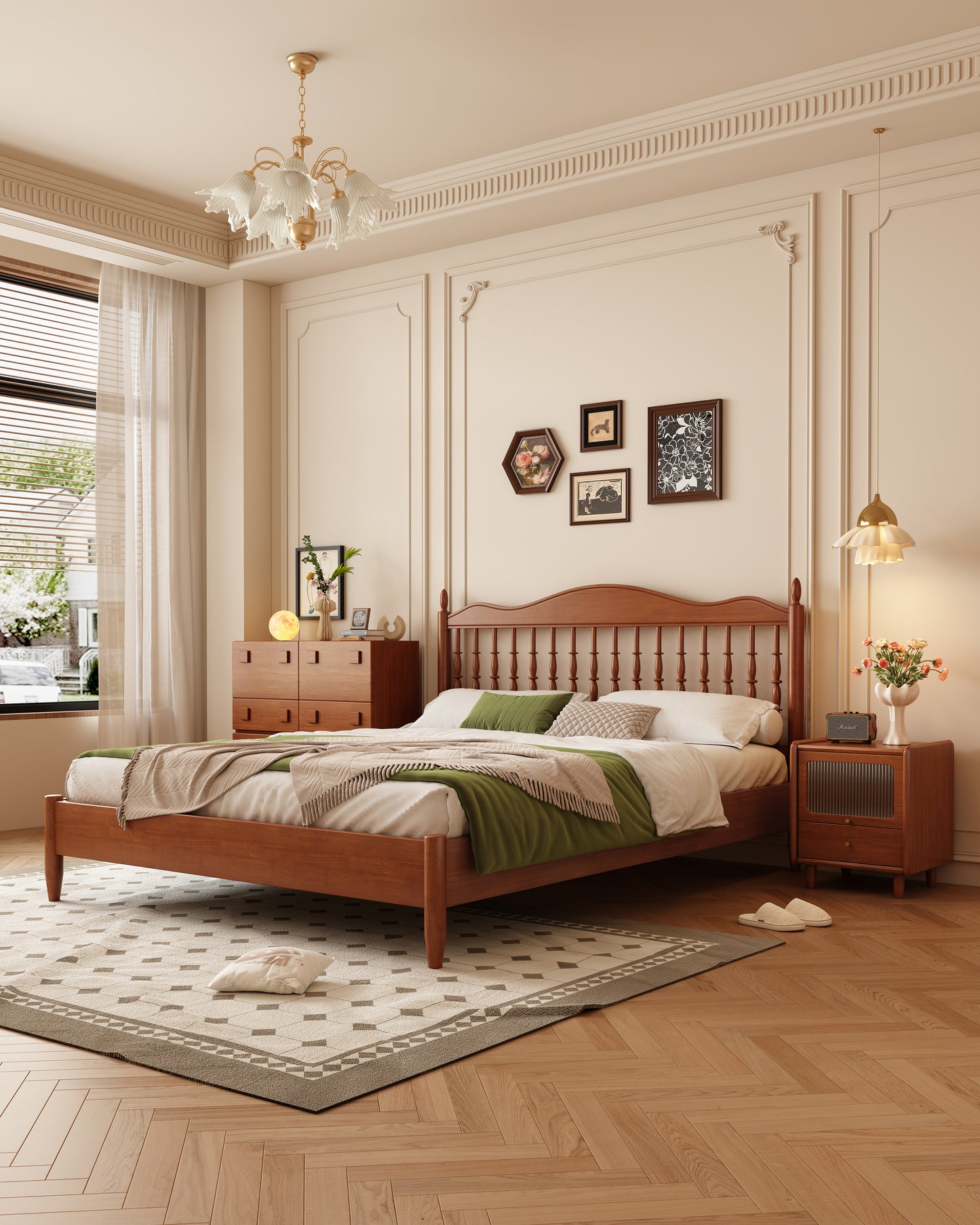 Mid-Century Modern Solid Wood Bed with Openwork Headboard