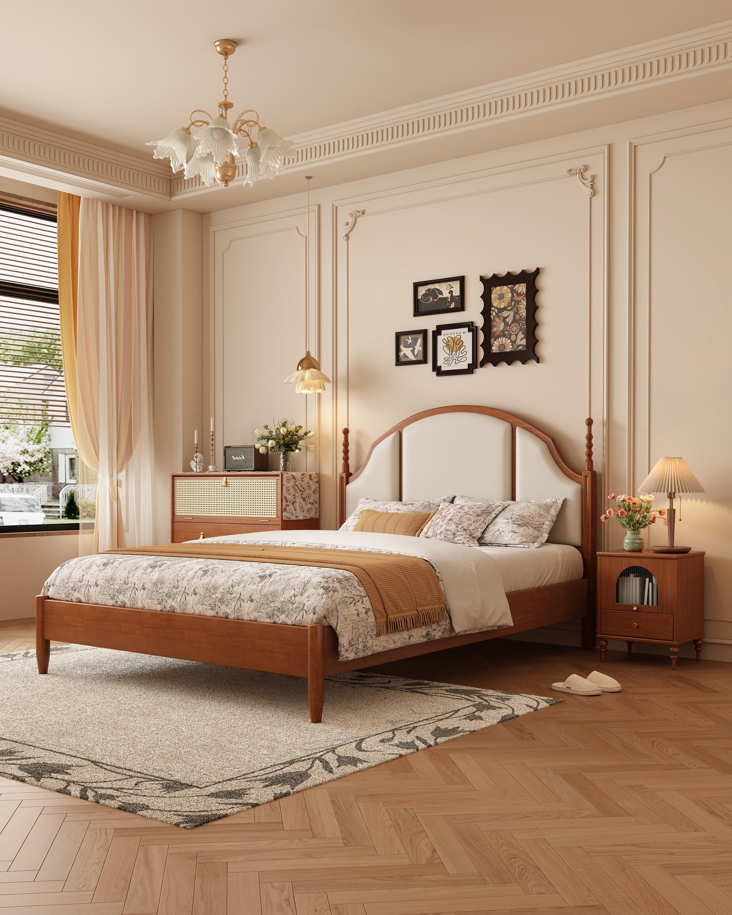 Mid-Century Modern Solid Wood Genuine Leather Bed