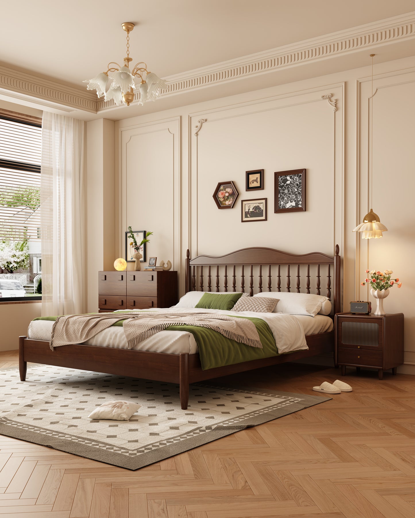 Mid-Century Modern Solid Wood Bed with Openwork Headboard