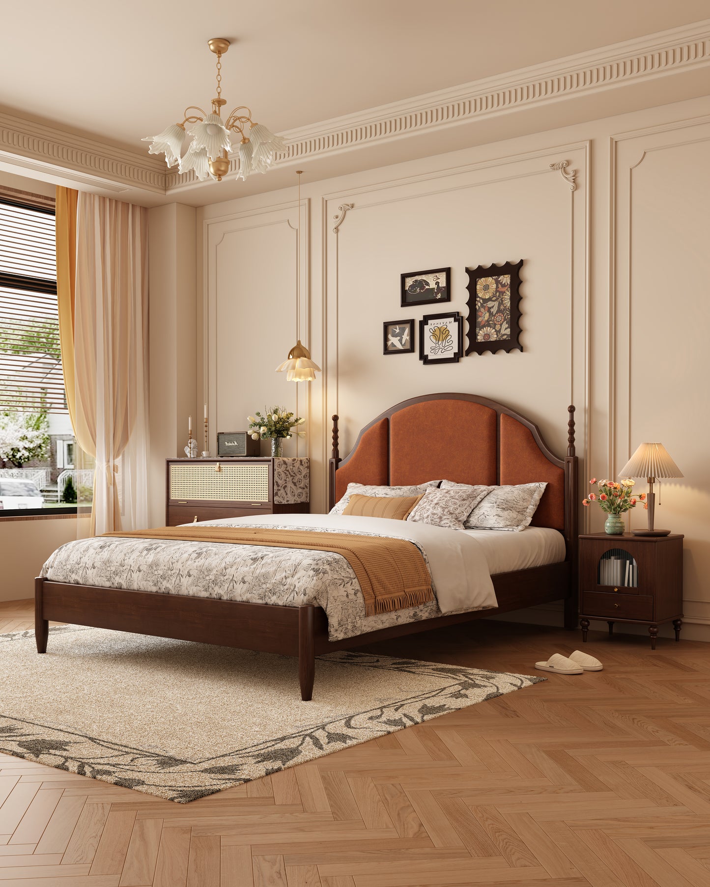 Mid-Century Modern Solid Wood Genuine Leather Bed