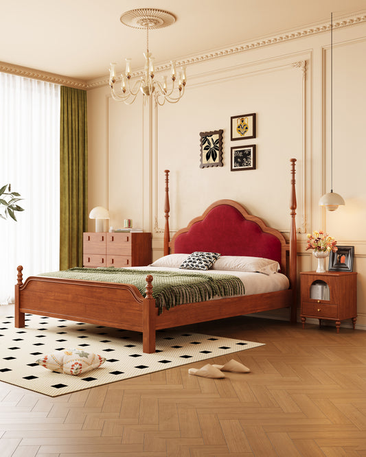 Mid-Century Velvet Wood Bed