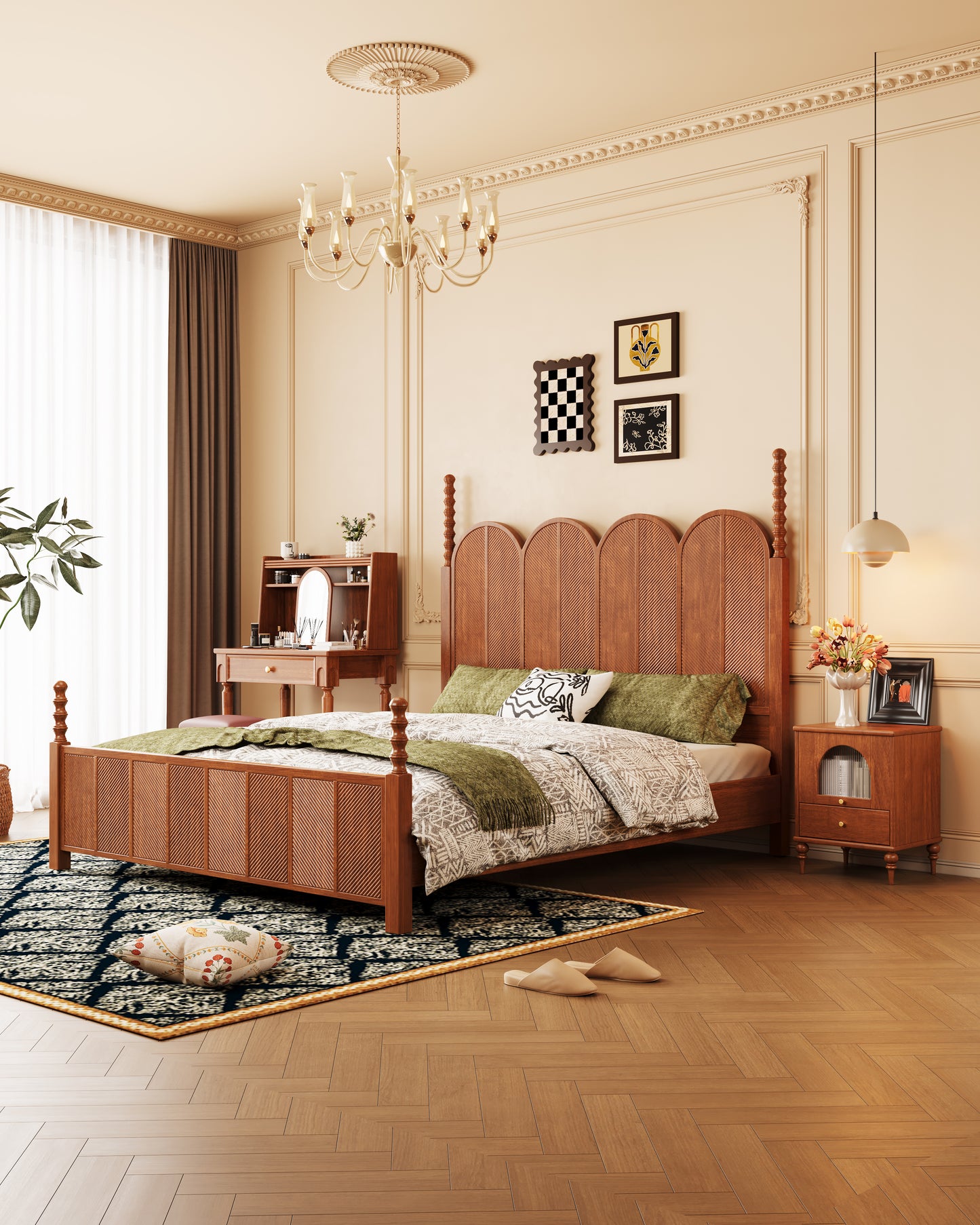 Mid-Century Modern Solid Wood Scale-Pattern Bed