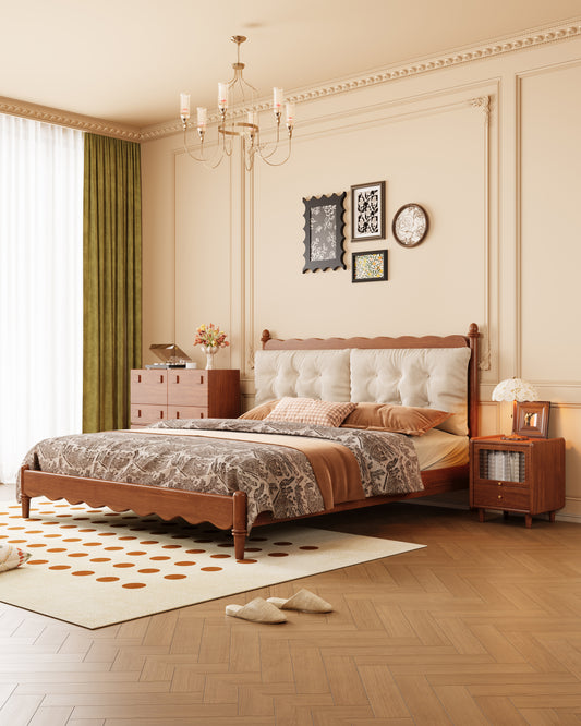 Mid-Century Modern Wave-Pattern Solid Wood Upholstered Bed