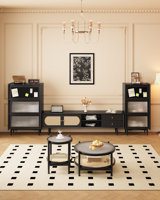 Mid-Century Modern Media Console with Rattan Inlay & Art Glass Details
