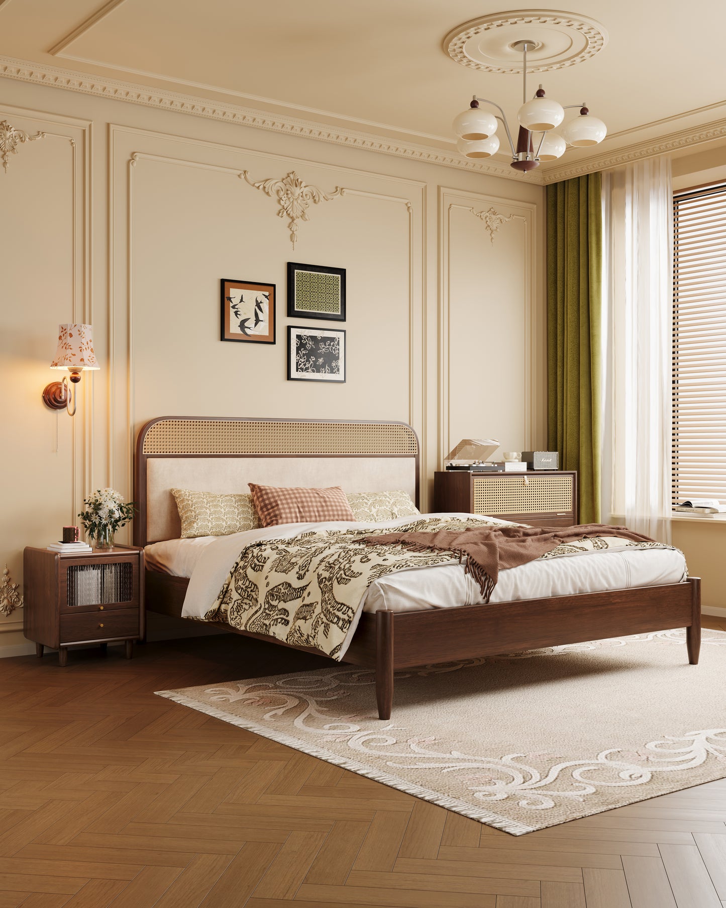 Mid-Century Modern Rattan & Velvet Solid Wood Bed