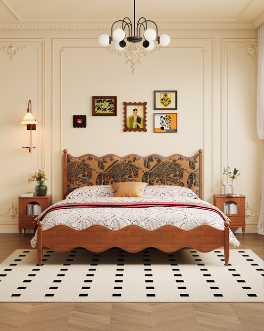Mid-Century Ocean Wave Carved Wooden Bed