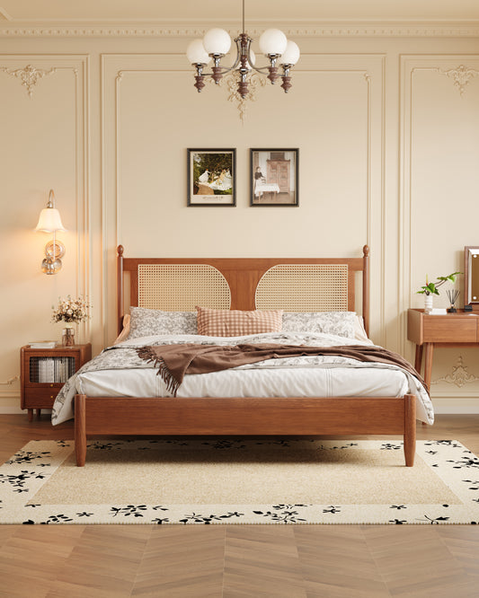 Mid-Century Modern Rattan Solid Wood Bed