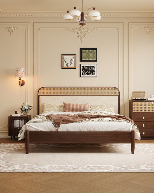 Mid-Century Modern Rattan & Velvet Solid Wood Bed
