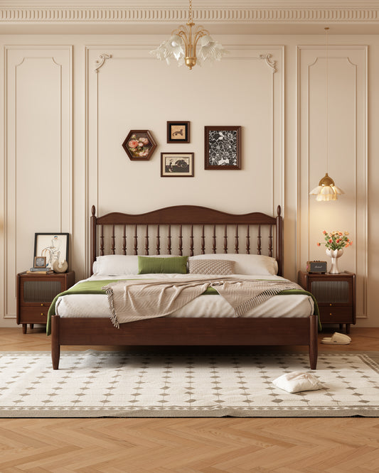 Mid-Century Modern Solid Wood Bed with Openwork Headboard