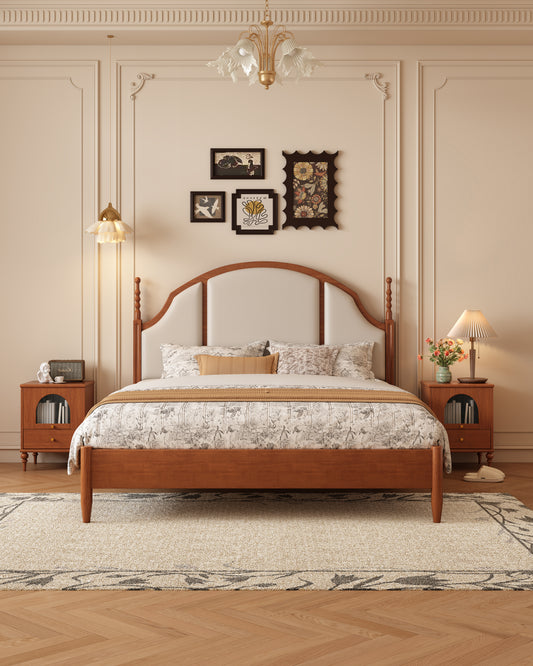 Mid-Century Modern Solid Wood Genuine Leather Bed